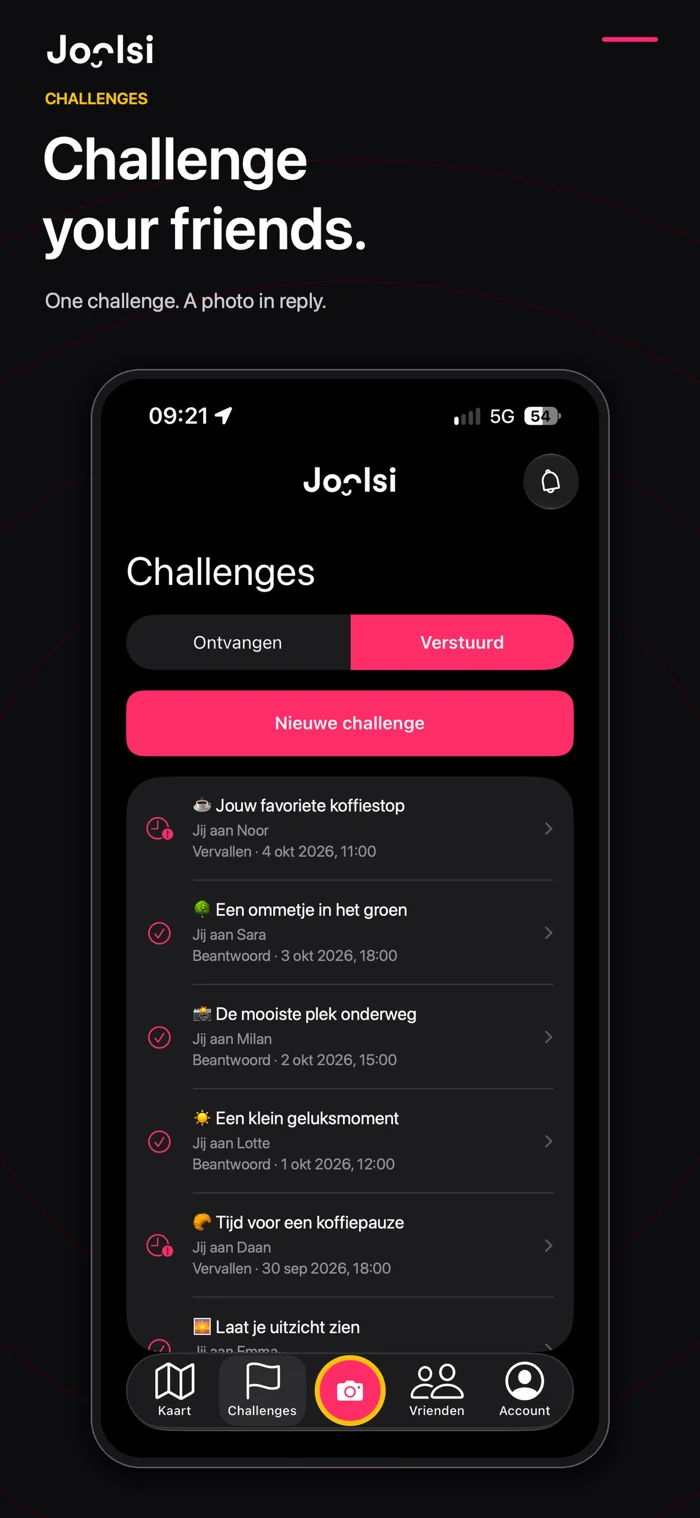 Joolsi screen showing sent photo and video challenges.