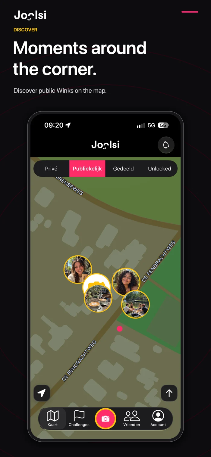Joolsi map with fictional photo moments and location-locked Winks.
