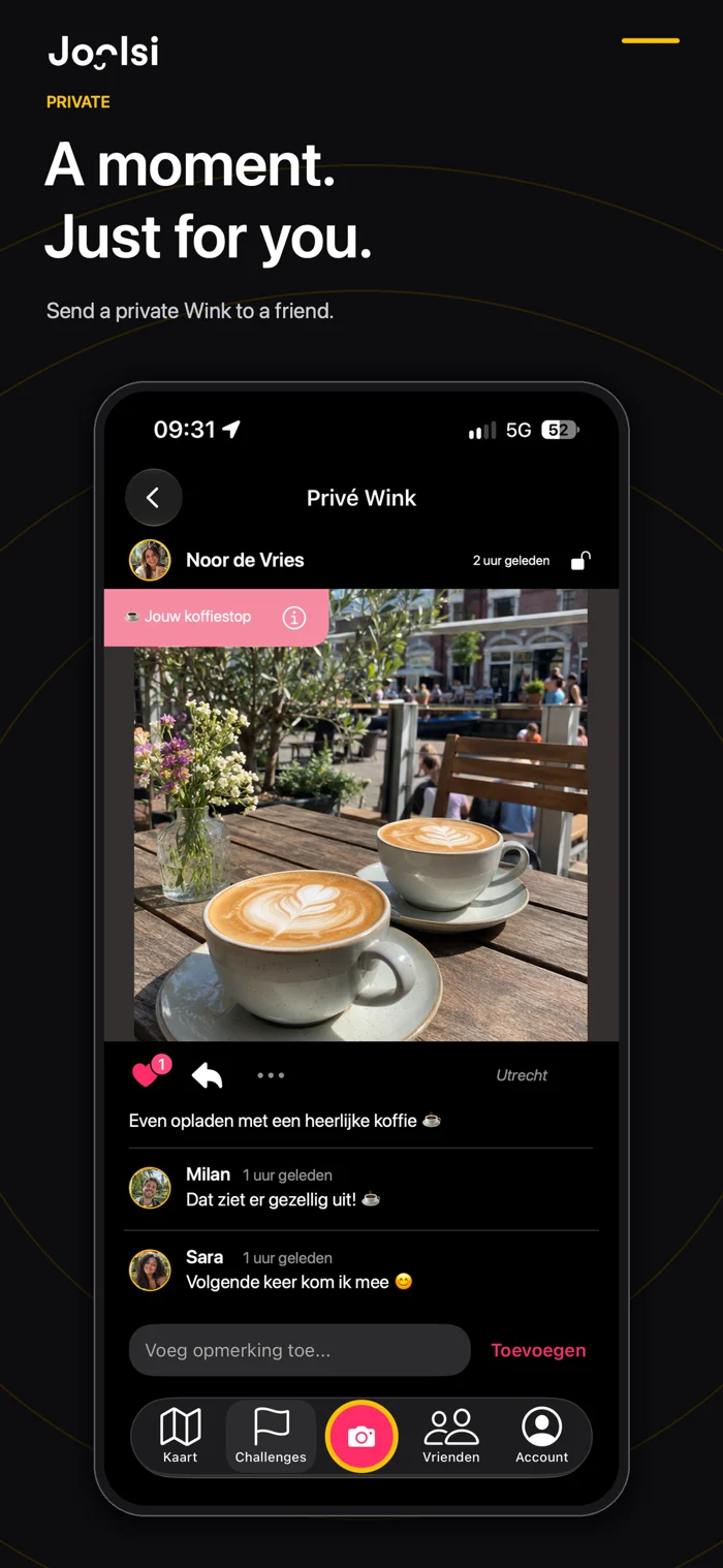 Private Wink with a fictional photo, message and comments.